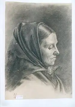 Portrét ženy v šátku, kresba 43 × 30 cm