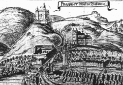 Boskovice - pohled na hrad, baštu, dvůr a klášter na místě zámku v první čtvrtině 18. století