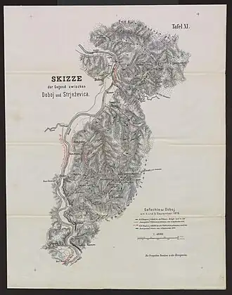 Rakouská mapa střetnutí u Doboje a Strježevice z roku 1879