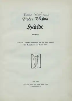 Titulní strana knihy, nahoře je okrasným písmem název a autor, pod tím v malém obdélníčku jednoduchá kresba muže