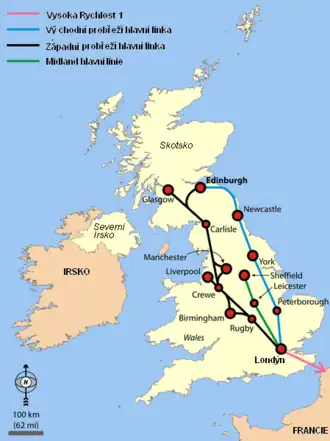 Zjednodušený plán WCML (černě) ve vztahu k ostatním hlavním severojižním tratím