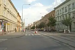 Ulice Veveří u křižovatky s Grohovou, severní konec Malé Nové Ulice