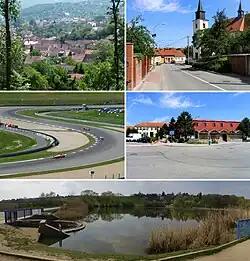 Městská část Brno-Žebětín • Vlevo 1: Pohled na Žebětín od východu • Vlevo 2: Masarykův okruh • Vpravo 1: Ulice s kostelem svatého Bartoloměje • Vpravo 2: Křivánkovo náměstí • Dole: Žebětínský rybník