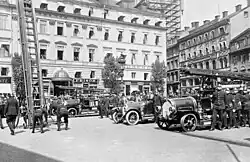 Demonstrace na schůzce požární bezpečnosti v Brunkebergstorg, 1921.