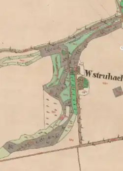 Sady na stabilním katastru z roku 1842. Hnědě jsou dnešní ulice – nahoře: A. Čermáka a Maďarská, svisle Chittussiho a Českomalínská, dole Rooseveltova.