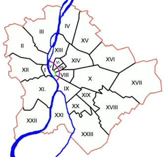 Nagykörút (vyznačen fialovou barvou) a Kiskörút (zeleně)