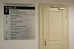 Orientační cedule v budově A v areálu FF MU