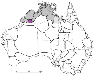 Rozšíření bunubanských jazyků na mapě Austrálie (fialově)