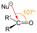 Odhadovaná Bürgiův–Dunitzův úhel u nejjednodušší nukleofilní adice, H(–) → H2C=O
