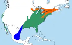 Mapa s rozšířením oranžově = hnízdiště zeleně = oblasti s celoročním výskytem modře = zimoviště