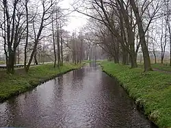 Řeka Bzura protékající městským parkem v Ozorkówě