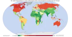 Mapa antropogenních emisí CO2 podle zemí