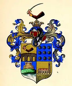 Erb rodu Dessovićů udělený při povýšení do šlechtického stavu (1857)