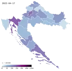 Mapa chorvatských žup podle počtu aktuálně nakažených nemocí covid-19 na sto tisíc obyvatel