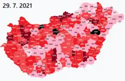 Mapa maďarských okresů podle celkového počtu nakažených nemocí covid-19