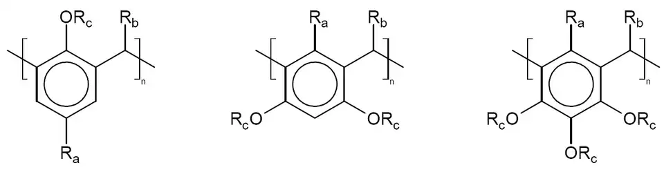 Kalixareny s n = 4, zleva doprava: kalix[4]aren, resorcinol[4]aren, pyrogallol[4]aren. Ra je alkylová skupina, Rb vodík z formaldehydu nebo fenyl z benzaldehydu, Rc vodík z výchozí sloučeniny