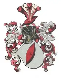 Erb Caltů z Kamenné hory, na štítu a ozdobné helmě veka či calta