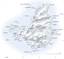 Mapa ostrovů, Campbellův ostrov je nejrozlehlejší.