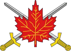 Červený javorový list se žlutou žilnatinou, za ním dva zkřížené meče