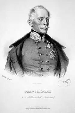Polní podmaršál Karl von Schönhals (litografie, 1849, Josef Kriehuber)