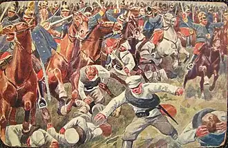 Přední strana korespondenčního lístku zachycující útok rakousko-uherských dragounů na ruskou pěchotu během bitvy