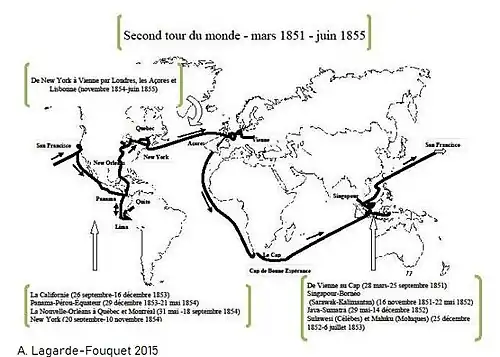 Mapa druhé cesty kolem světa 1851–1855