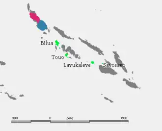 Mapa rozšíření středních šalomounských jazyků na Šalomounových ostrovech, na mapě je vyznačen i jazyk touo