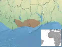 Rozšíření kočkodana Rolowayova (hnědě)