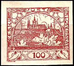 Červená poštovní známka s motivem Hradčan