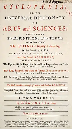 Titulní strana Cyclopaedie prvního dílu prvního vydání