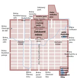 Schematický plán města, vyznačeny zhruba čtvercové obvodové hradby severojižní a západovýchodní ulice dělící město na cca 100 čtvrtí, zvlášť vyznačeny a pojmenovány ohrazené Zakázané město v centru severní části města a v něm císařský palác, park v jihovýchodním rohu města, paláce na východní a severovýchodní straně města, brány v hradbách.