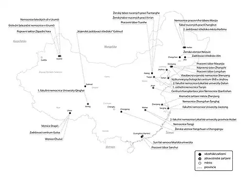 Mapa míst v systému laogai, o nichž se hovoří v knize Jatka, která jsou zapojena do odebírání orgánů živým vězňům svědomí.
