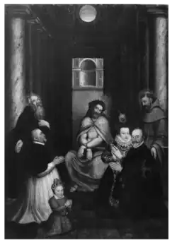 Trpící Kristus obklopený dárci: Trpící Kristus, svatý František, svatý Antonín. Zastoupenými dárci jsou Antoine de Senecterre, François de Senecterre, Jeanne de Laval a Hippolyte de Senecterre. (Katedrála v Puy)