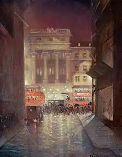The Strand by Night (Ulice Strand v noci, olej na plátně, Cartwright Hall Art Gallery, 76x61 cm), 1937. Ve třicátých letech namaloval Nevinson řadu městských scenérií v Londýně, Paříži a New Yorku. Nejvýznamnější z nich je tato z roku 1937.
