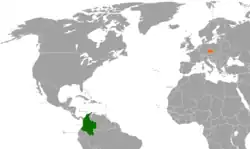 Česko (oranžově) a Kolumbie (zeleně) na mapě světa