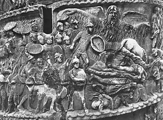 Vyobrazení zázračného deště Marca Aurelia a bitvy Kvádů s Římany na sloupu Marka Aurelia v Římě