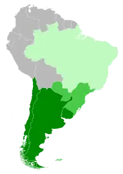 Cono Sur na mapě Jižní Ameriky region Cono Sur oblasti někdy řazené do Cono Sur státy, jejichž některé oblasti se nacházejí v Cono Sur