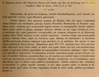 Kopie dopisu krále Zikmunda Lucemburského vyzývajícího k obléhání Kutné Hory