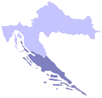 Dalmácie (tmavě) v rámci Chorvatska