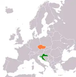 Česko (oranžová) a Chorvatsko (zelená) na mapě Evropy
