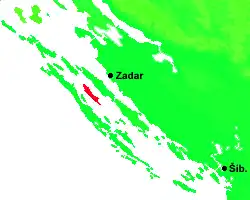Poloha Iže v rámci Zadarského souostroví (zvýrazněn červeně)