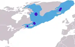 Areál rozšíření čepcola (shromaždiště tmavě modře)