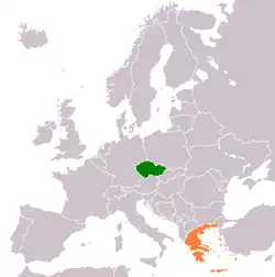 Česko (zelená) a Řecko (oranžová) na mapě Evropy