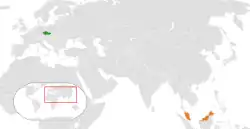 Česko (zelená) a Malajsie (oranžová) na mapě Eurasie