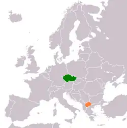 Česko (zelená) a Severní Makedonie (oranžová) na mapě Evropy
