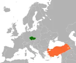 Česko (zelená) a Turecko (oranžová) na mapě Eurasie