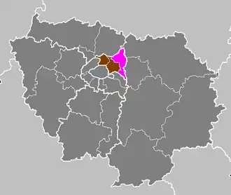 Arrondissement Le Raincy na mapě regionu Île-de-France (fialově)