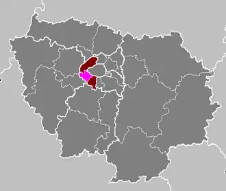 Arrondissement Boulogne-Billancourt regionu Île-de-France (fialově)