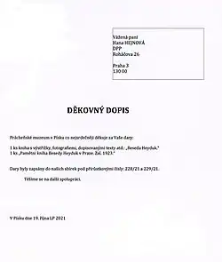 Poděkování dárci a katalogizace archiválií