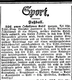 Popis fotbalového utkání ze dne 6. listopadu 1925 mezi DFC a Čechoslovanem Košíře. V brance DFC chytal Fritz Taussig (úplně dole). Prager Tagblatt, 7.11.1925, str. 17 (Sportovní příloha).